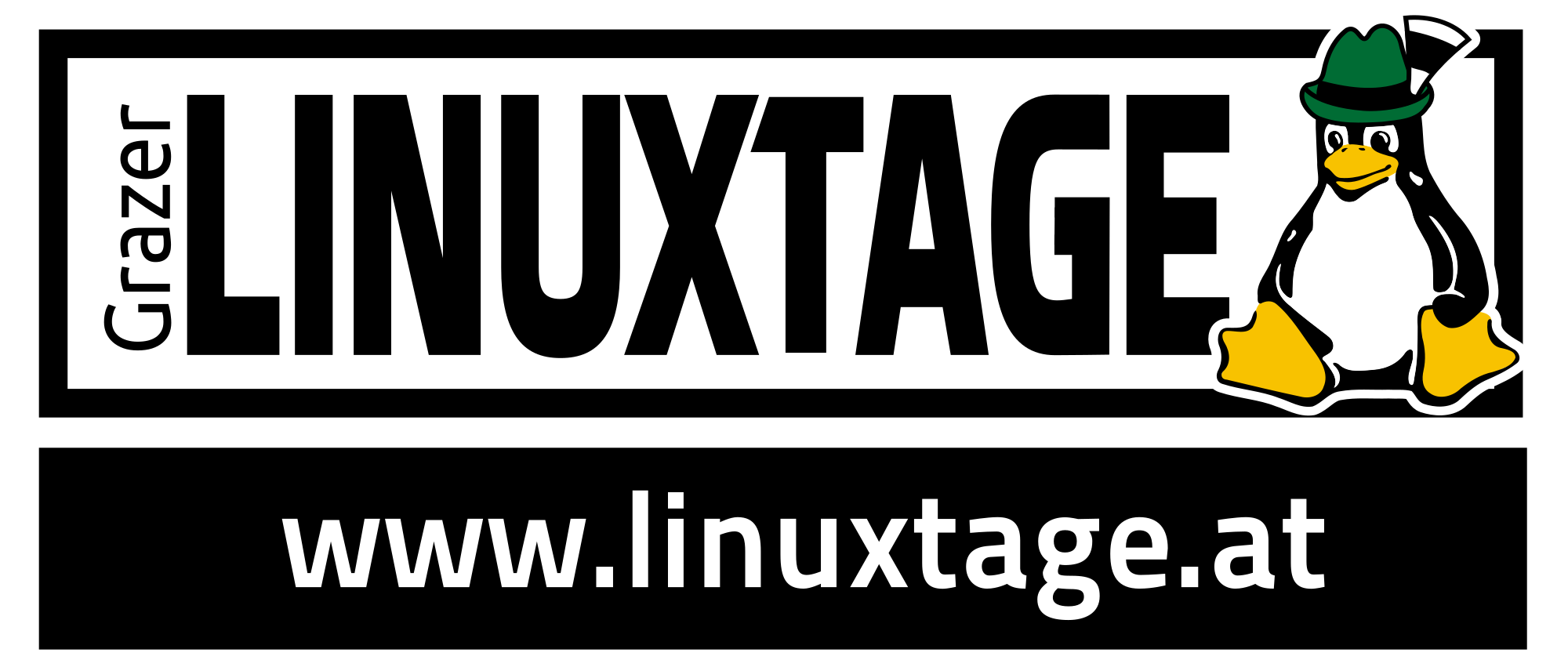 Logo der Grazer Linuxtage mit Steirer-Tux, und Link auf www.linuxtage.at