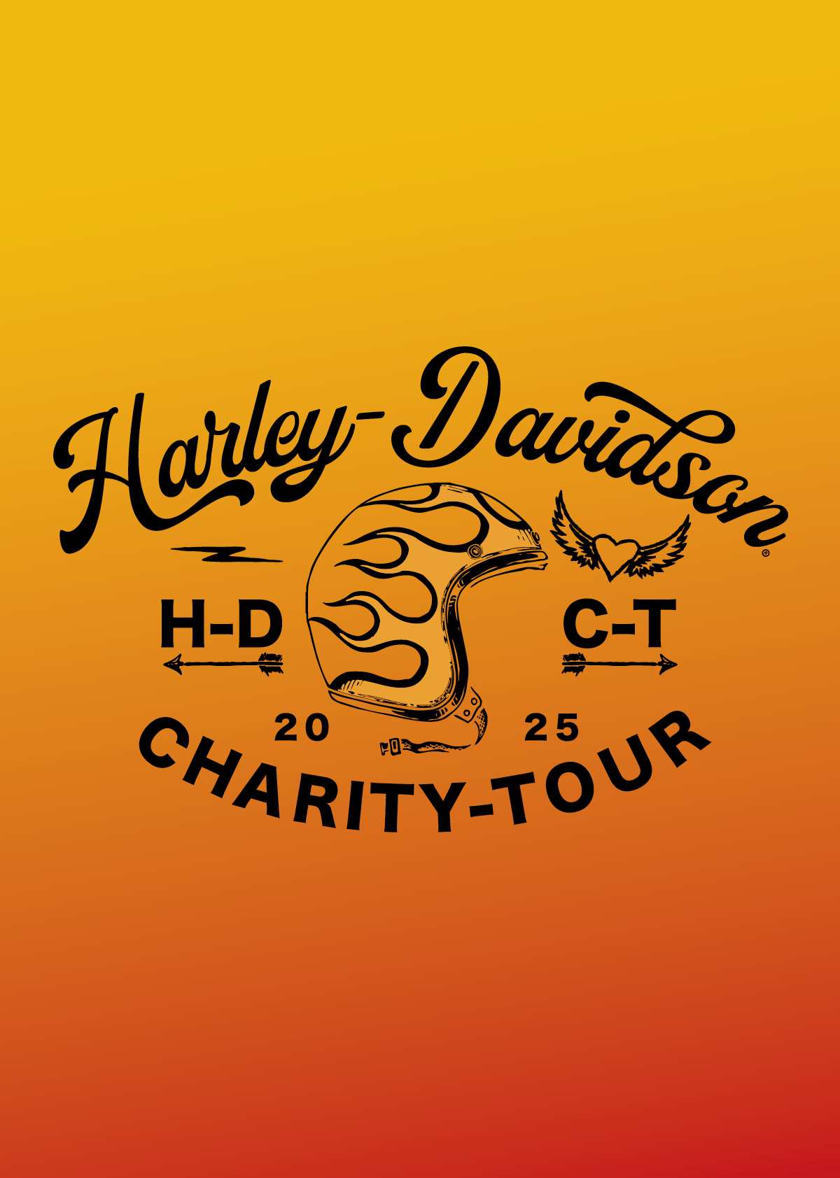 Ein orangefarbenes bis gelbes Farbverlaufsbild zeigt das schwarze Logo der "Harley-Davidson Charity-Tour 2025". In der Mitte des Logos befindet sich ein Helm mit Flammen, flankiert von "H-D" links und "C-T" und einem geflügelten Herz rechts.