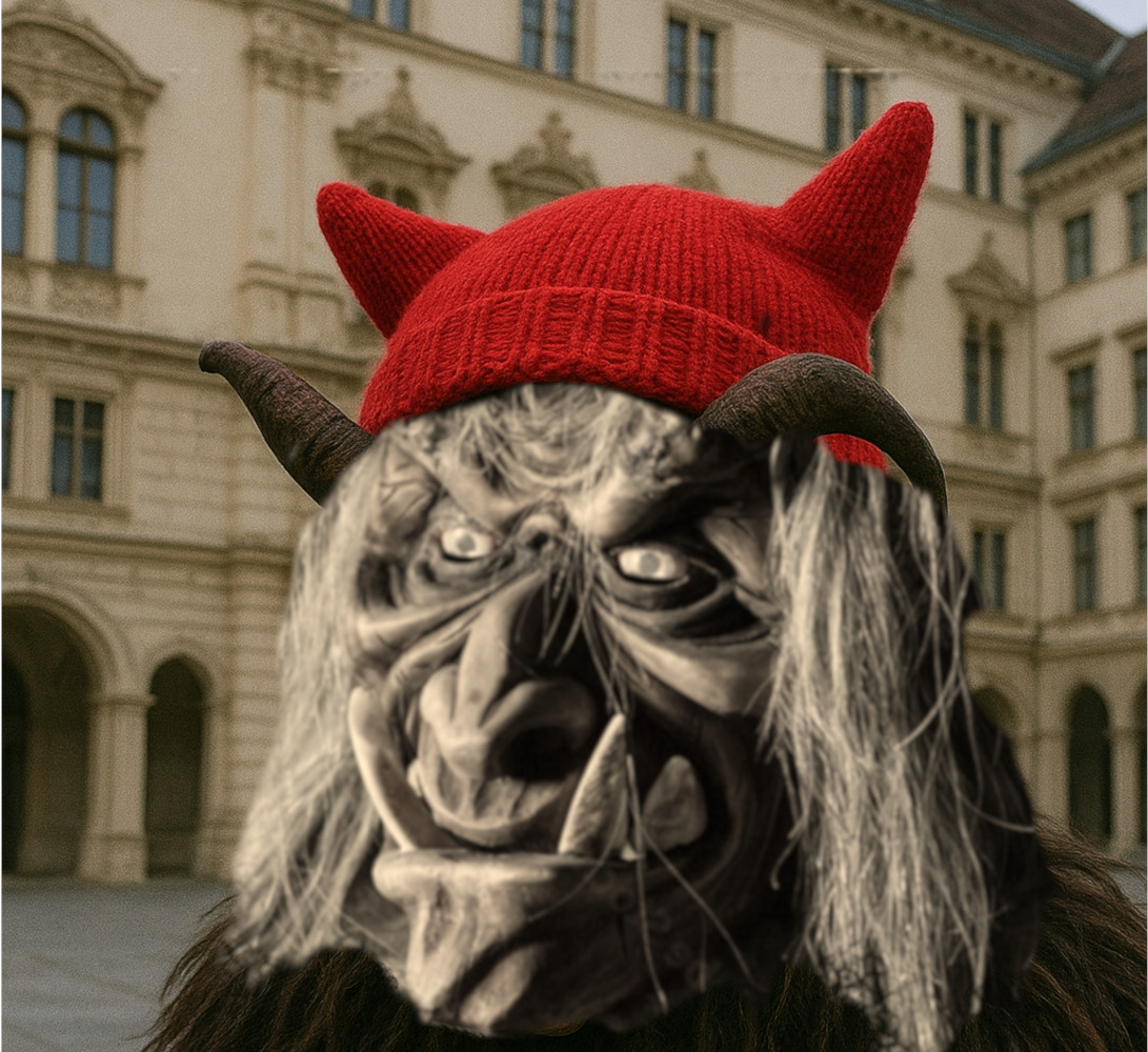 eine Perchte mit einem Pussyhat vor dem Landhaus