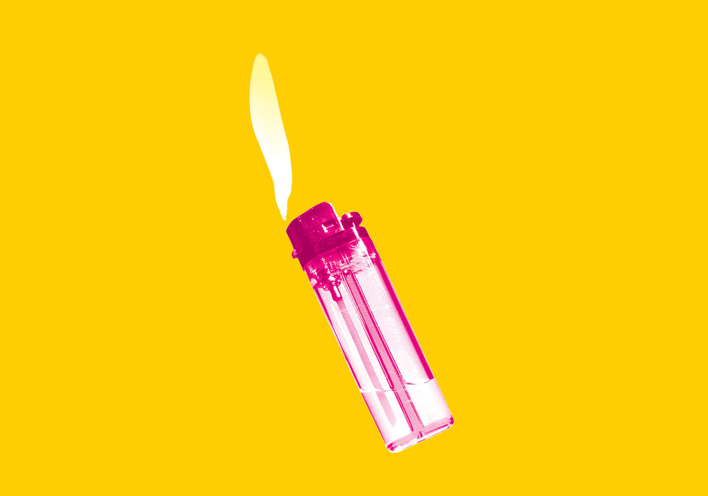 rosa Feuerzeug, Flamme,  gelber Hintergrund