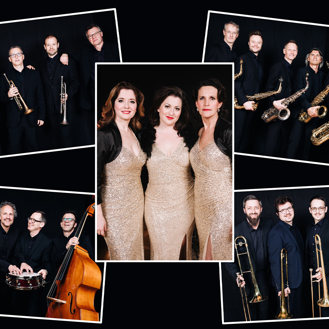 Collage für das Konzert „My Romance“ mit „The Cover Girls & Big Band Gleichenberg“. Das Bild zeigt fünf Einzelfotos vor schwarzem Hintergrund: Im Zentrum stehen die drei Sängerinnen von „The Cover Girls“ in eleganten, goldglänzenden Paillettenkleidern. Um sie herum sind die Musiker der „Big Band Gleichenberg“ in schwarzen Anzügen gruppiert, unterteilt in Sektionen: Trompeten, Saxophone, Posaunen sowie die Rhythmusgruppe mit Gitarre, Schlagzeug und Kontrabass.