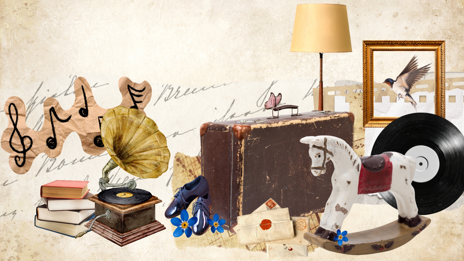 Ein Grammophon, ein Schaukelpferd und eine Stehlampe